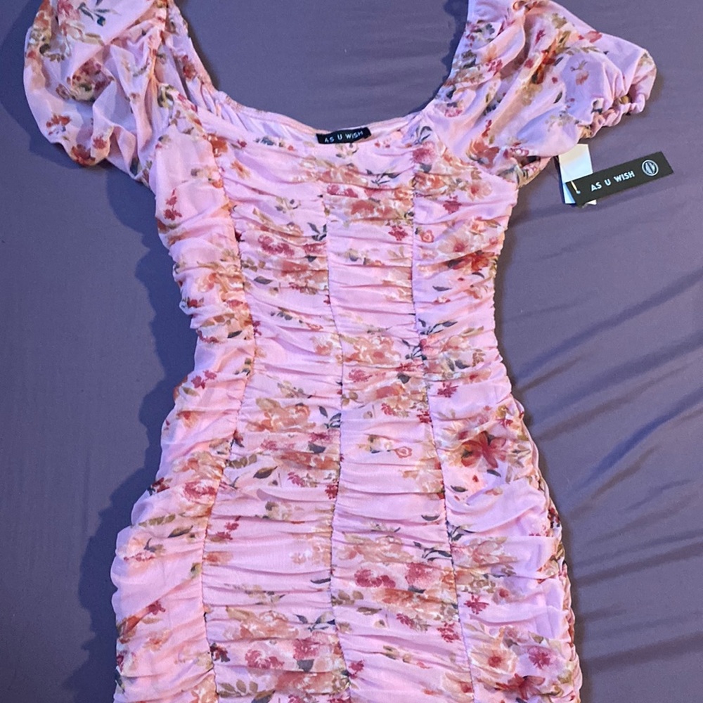 Pink floral tight fit dress, puffy short sleeves, perfect hoco dress